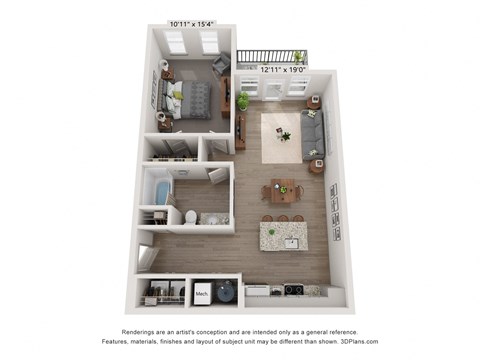 One-bedroom apartment layout at Plat 10 Living in Windsor CO featuring generous storage and open living area.